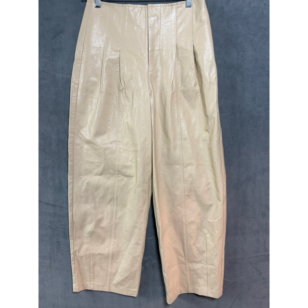 Avec Les Filles Wide Leg Faux-Ever Leather Pleated Pants Cream Size 6 High Rise